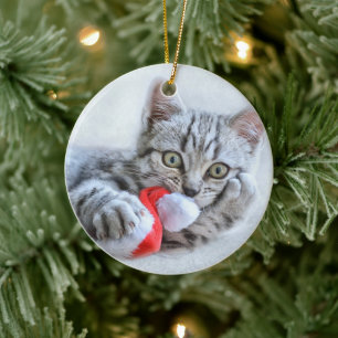 Cute Cat and Santa Claus Hat Ceramic Ornament
