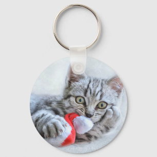Cute Cat and Santa Claus Hat Key Ring