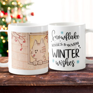 Cute Cat and Snowflake Mug, Winter Holiday Mug 