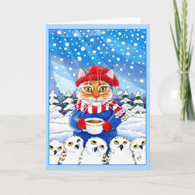 Cute cat and snowy owls Christmas winter card (Front)