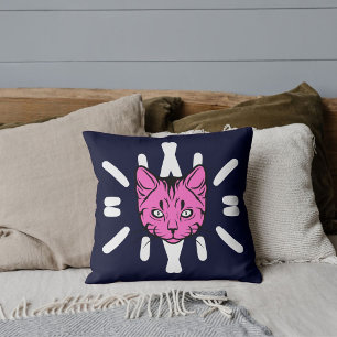 Cute Cat And White Stripe On Modern Deep Navy Cushion