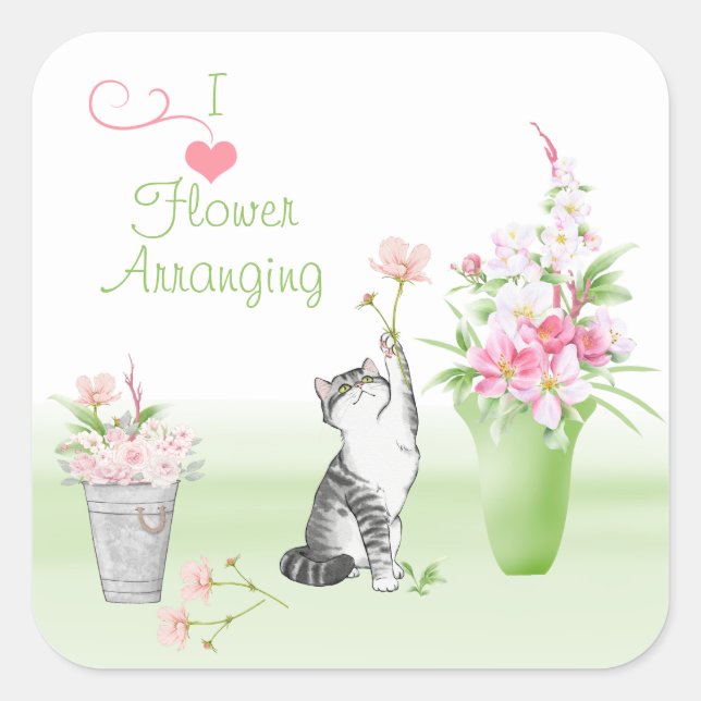 Cute Cat Arranging Flowers Square Sticker (Front)