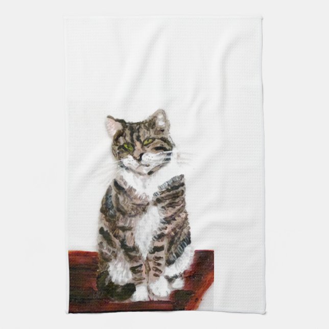 Cute Cat Art Gray Kitty Tea Towel (Vertical)