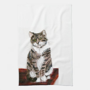 Cute Cat Art Grey Tabby Tea Towel
