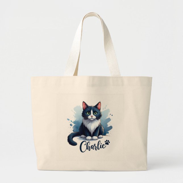 Cute Cat Artwork Large Tote – Gift for Cat Lovers (Front)