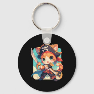 Cute Cat As Pirate Kawaii Anime Key Ring