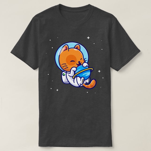 Cute Cat Astronaut Hug Planet In Space Cartoon T-Shirt (Design Front)
