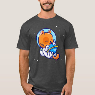 Cute Cat Astronaut Hug Planet In Space Cartoon T-Shirt