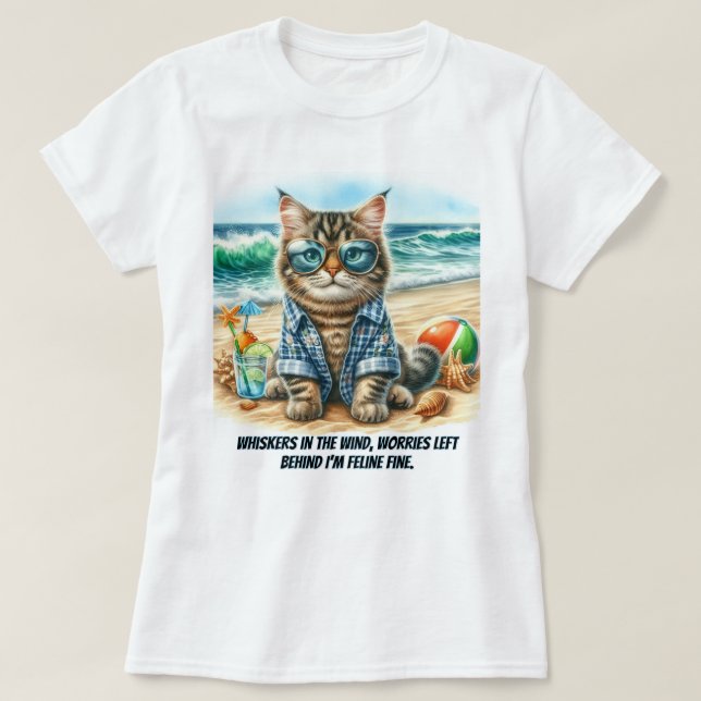 Cute Cat at the Beach Cat Lovers T-Shirt (Design Front)
