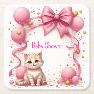 Cute Cat Baby Shower Greeting 🐱 Square Paper Coaster