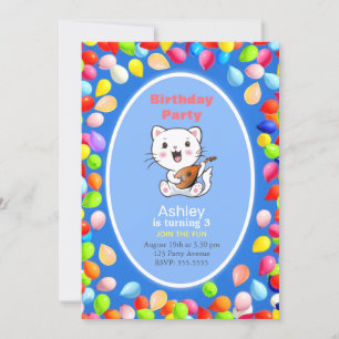 Cute Cat & Balloons 3rd Birthday Party Invitation