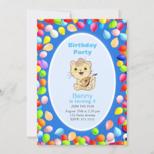 Cute Cat & Balloons 3rd Birthday Party Invitation