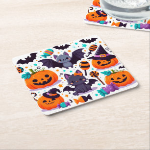 Cute cat bat halloween party square paper coaster