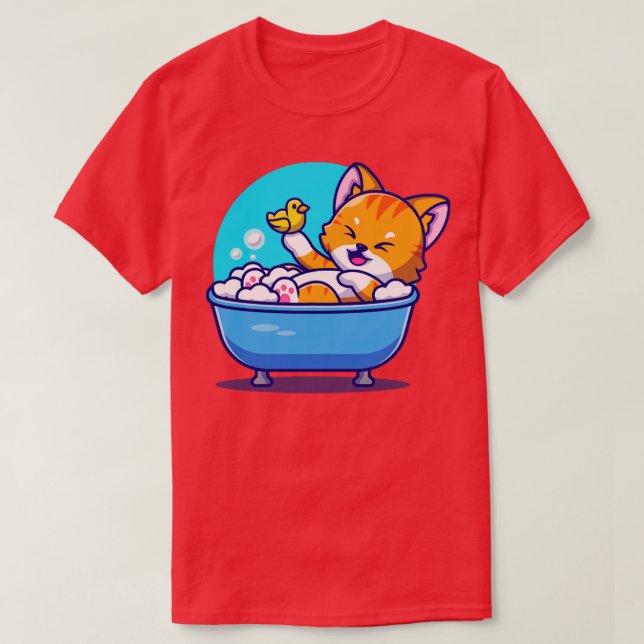Cute Cat Bath In The Bath Tub With Duck Toys Carto T-Shirt (Design Front)