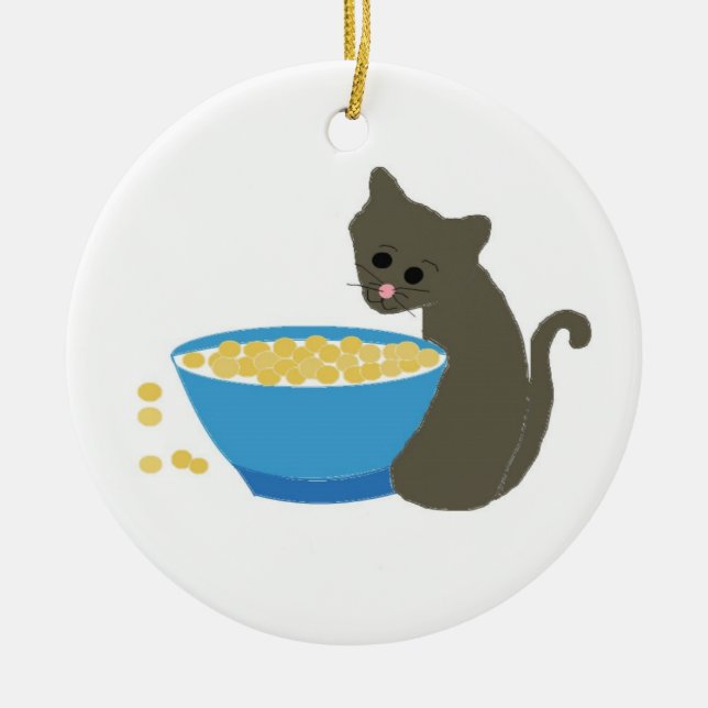 Cute Cat Beside A Blue Food Dish Ceramic Ornament (Front)
