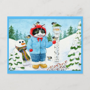 Cute Cat Birds Christmas Holiday postcard
