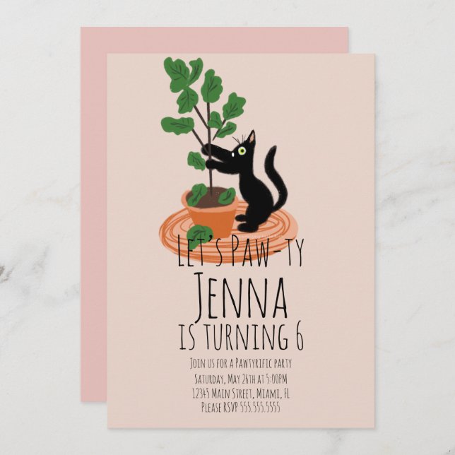 Cute Cat Birthday  Party Black Pink Invitation (Front/Back)