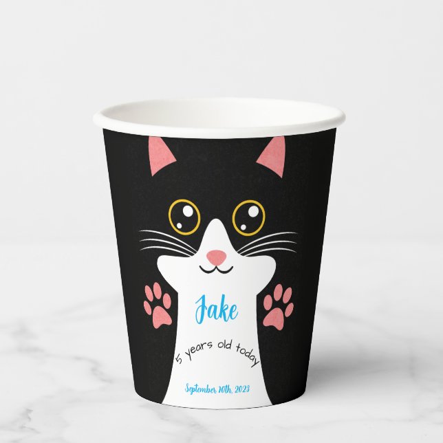 Cute Cat Birthday Party Cups. Editable text. Paper Cups (Front)
