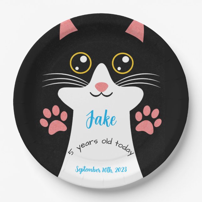 Cute Cat Birthday Party Plates. Editable text. Paper Plate (Front)