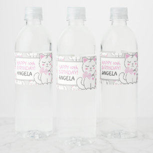 Cute Cat Birthday Party Water Bottle Label