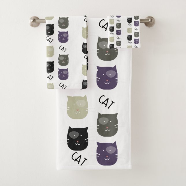 Cute Cat Black Purple Grey Black Bath Towel Set (Insitu)