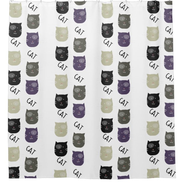 Cute Cat Black Purple Grey Black Shower Curtain (Front)