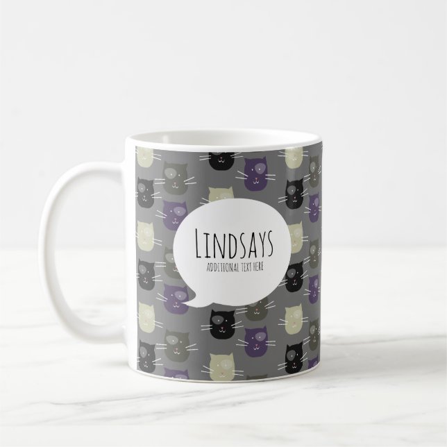 Cute Cat Black Purple Grey Coffee Mug (Left)