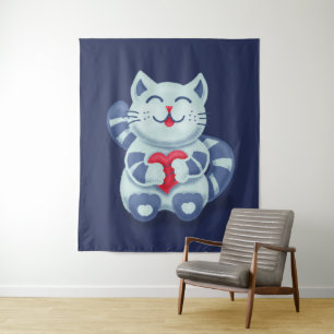 Cute Cat Blue Valentine Kids Tapestry