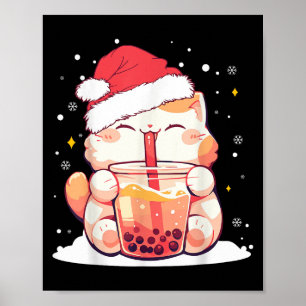 Cute Cat Boba Milk Bubble Tea Christmas Santa Hat  Poster