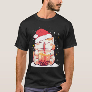 Cute Cat Boba Milk Bubble Tea Christmas Santa Hat  T-Shirt