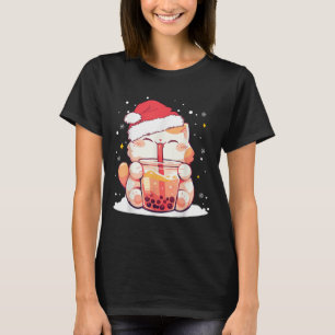 Cute Cat Boba Milk Bubble Tea Christmas Santa Hat  T-Shirt