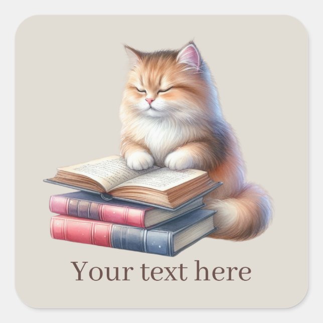 Cute cat book lovers add text  square sticker (Front)