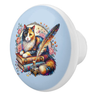Cute cat book nook library reading lovers  ceramic knob