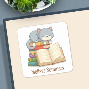 Cute Cat Book Stack Custom Name Bookplate Square Sticker