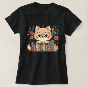 Cute Cat & Books Lover's Floral Cartoon T-Shirt