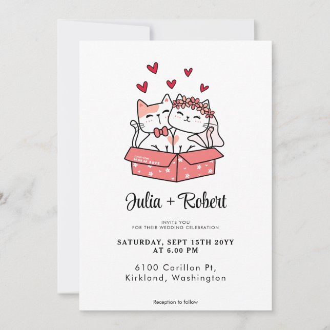 Cute Cat Bride And Groom Simple Wedding  Invitation (Front)