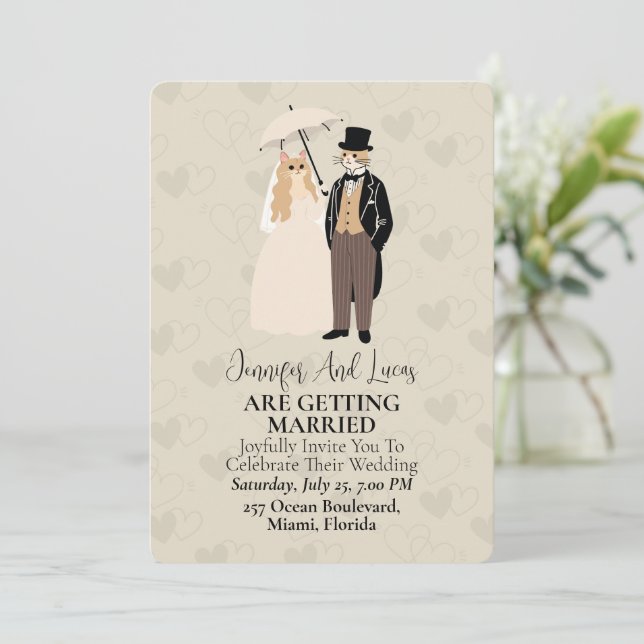 Cute cat bride and groom wedding invitation (Standing Front)