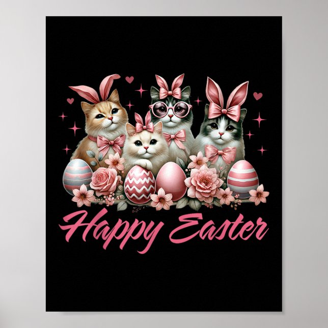 Cute Cat Bunny Happy Easter Cat Lover Kitty Rabbit Poster (Front)