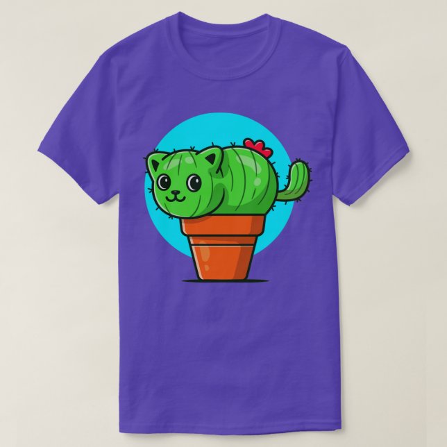 Cute Cat Cactus Cartoon Illustration T-Shirt (Design Front)