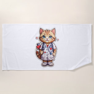 Cute cat cardiology nurse   beach towel