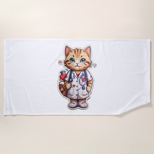 Cute cat cardiology nurse   beach towel (Front)