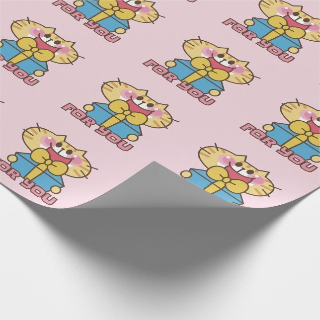 Cute Cat Cartoon Baby Pink Polka Dots Party Wrapping Paper (Corner)