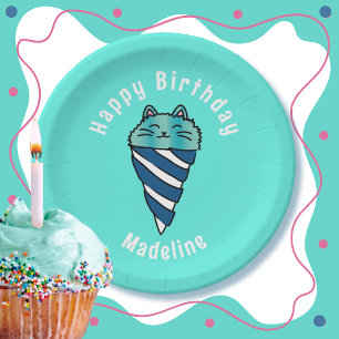 Cute Cat Cartoon Blue Ice Cream Cone Birthday Paper Plate
