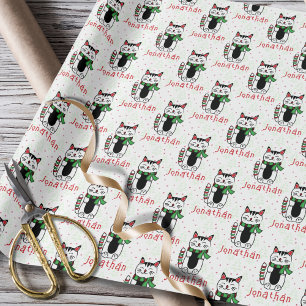 Cute Cat Cartoon Christmas with Child Name Wrapping Paper