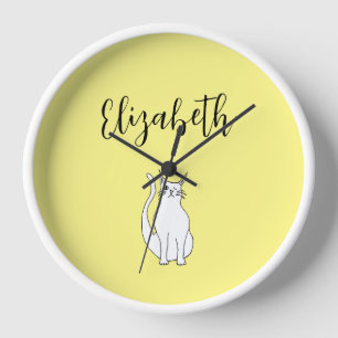 Cute Cat Cartoon Drawing Winking Kitty Pale Yellow Clock