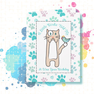 Cute Cat Cartoon Funny Saying with Bird Birthday Card