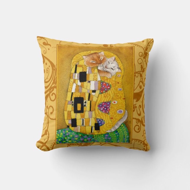 Cute cat cartoon Klimt The Kiss gold pillow (Front)