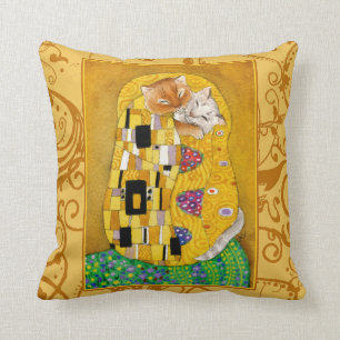 Cute cat cartoon Klimt The Kiss gold pillow