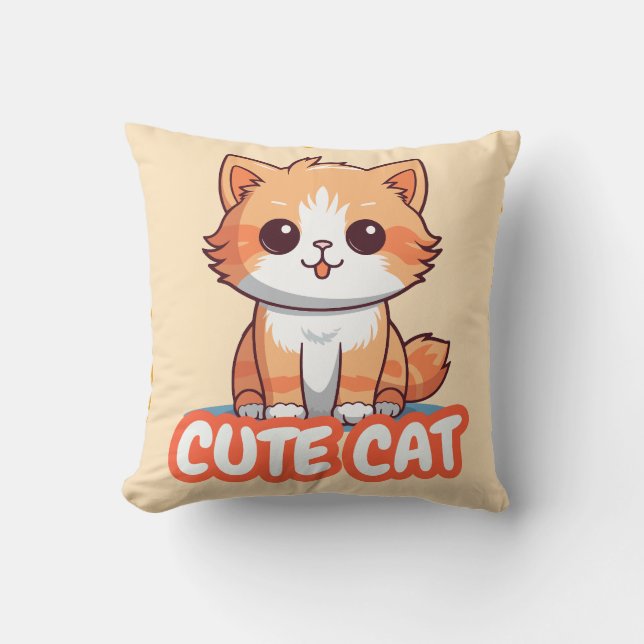 Cute Cat Cartoon Throw Pillow  (Front)