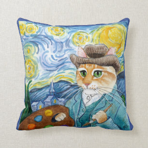 Cute cat cartoon Van Gogh Starry Night pillow